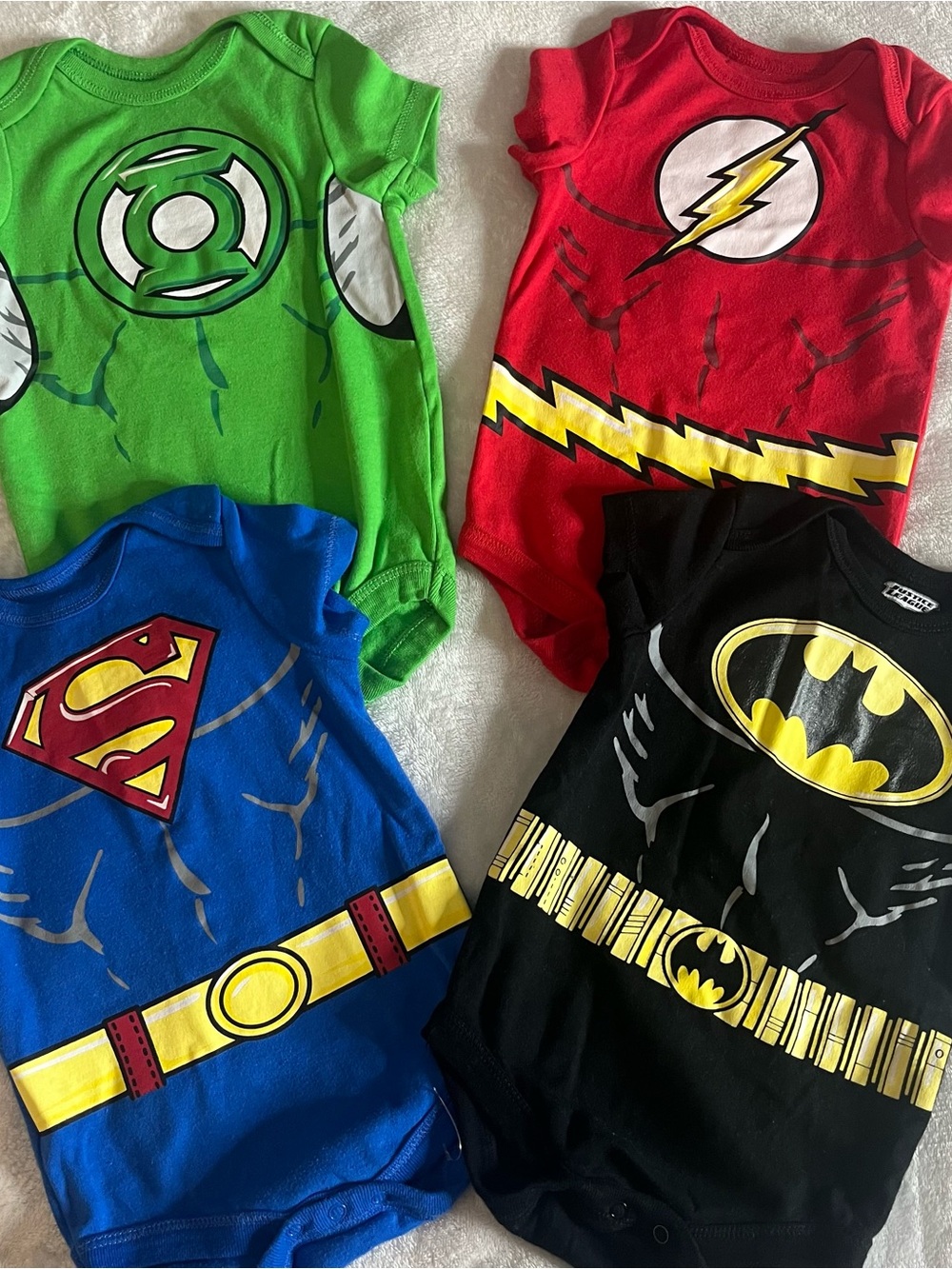 Four DC Comics Justice League Baby Boy Super Hero Costume Bodysuit T~Shirts 6~9M